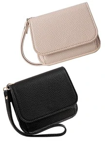 Beige Litchi Grain PU Flap Mini Wallet With Wrist Strap, Multi-Card Slot Card Holder & Coin Purse, Women's Daily Casual Travel Small Storage Bag Accessory - Multicolor - View 1