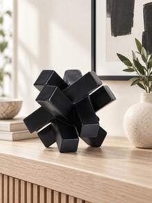 1pc Black Geometric Knot Sculpture, Modern Abstract Interlocking Block Decorative Statue, Minimalist Tabletop Ornament For Living Room Coffee Table Bookshelf Console Table Office Desk Shelf, Contemporary Home Decor Housewarming Gift - New - View 2