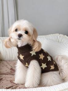 1pc Melad Classic Vintage Style High Neck Pet Sweater, Autumn/Winter Warm Knitted Pullover, Suitable For Bichon, Friesian, Schnauzer Small And Medium Dogs, Cats And Dogs - Brown - View 1