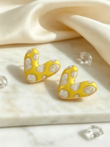 1 par de elegantes pendientes de botón con forma de corazón esmaltado, diseño único con motas blancas, pendientes de lujo ligeros, adecuados para mujeres, vacaciones, fiestas, uso diario - Blanco - Ver 6