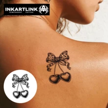 INKARTLINK 1PC Leopard Print Bow Heart Cherry Temporary Tattoo Sticker, Waterproof Body Art Tattoo Sticker, Lasts 2-5 Days, Water Transfer Colorful Tattoo Sticker, Suitable For Men And Women, Essential For People, Party Essential Decoration, Festival Celebration Body Decoration - Black - View 3