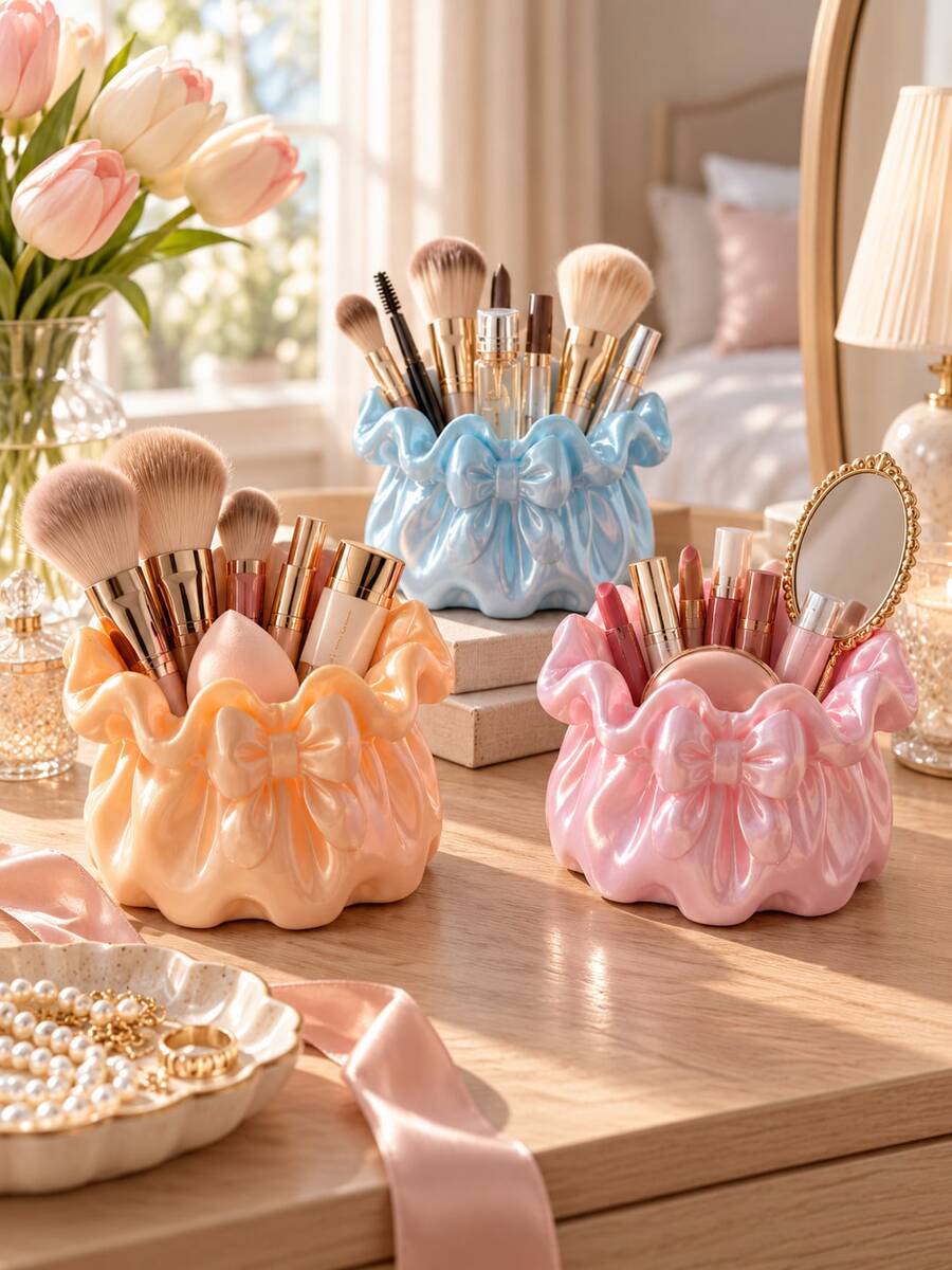 1pc Ruffle Bow Makeup Brush Holder, Cute Macaron Color Cosmetic Organizer Cup, Suitable For Vanity Tabletop, Can Store Makeup Brushes, Lipsticks, Eyeliner Pencils And Beauty Tools, Bedroom Bathroom Countertop Storage, Vanity Room Decor, Gift For Women And Girls - Multicolor - View 1