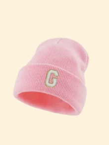 1pc Women's Cuffed Ribbed Knit Beanie Hat, Choose From 26 Letters, Soft & Comfortable Ladies Autumn/Winter Warm Hat, Suitable For Holidays, Daily Wear - Pink - View 19