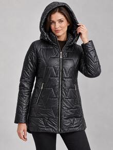 Women's Hooded Triangle Quilted Cotton Jacket With Drawstring Zip Front Stand Collar Padded Coat - Black - View 2