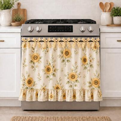 Oven Skirt Curtain For Farmhouse Kitchen Decor, Stove Cover Skirt With Lace Ruffle Trim & Ribbon Ties, Rustic Decorative Oven Door Curtain For Kitchen, Dishwasher & Range (Pumpkin Lantern)