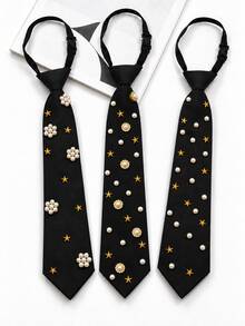 1pc Women's Zipper Style Pearl & Star Embellished Fashion Casual Outfit With Tie - Black - View 1