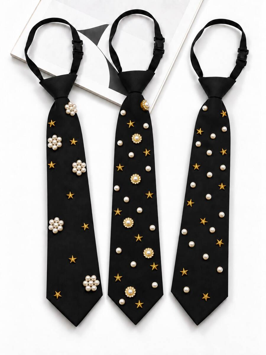 1pc Women's Zipper Style Pearl & Star Embellished Fashion Casual Outfit With Tie - Black - View 1