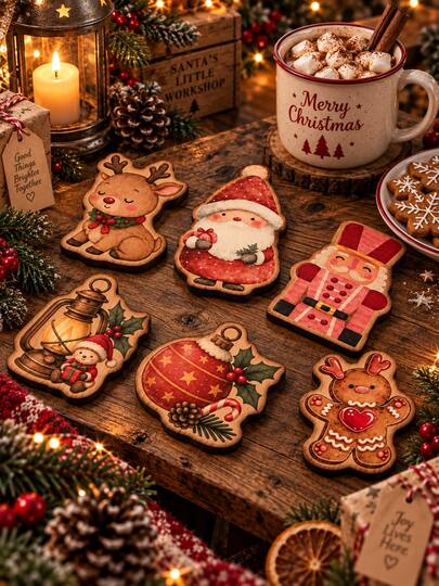 6pcs Deep Red Green Beige Christmas Character Table Runner, Vintage Linen Rectangular Holiday Decor With Reindeer Santa Nutcracker Lantern Ornament Gingerbread Print, Festive Dining Table Runner For Christmas Dinner Winter Home