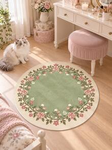1pc Vintage Floral Round Rug, Romantic Rose Wreath Print Velvet Short Pile Area Carpet, Soft Round Floor Mat, Suitable For Bedroom Living Room Entryway, Elegant Country Style Home Decor, Cozy Aesthetic Room Arrangement - Multicolor - View 3