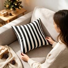 1件幾何圖案抱枕套 雙面印花 黑色白色細條紋 數位印花 適用沙發 臥室床鋪裝飾 - 黑與白 - 查看 9