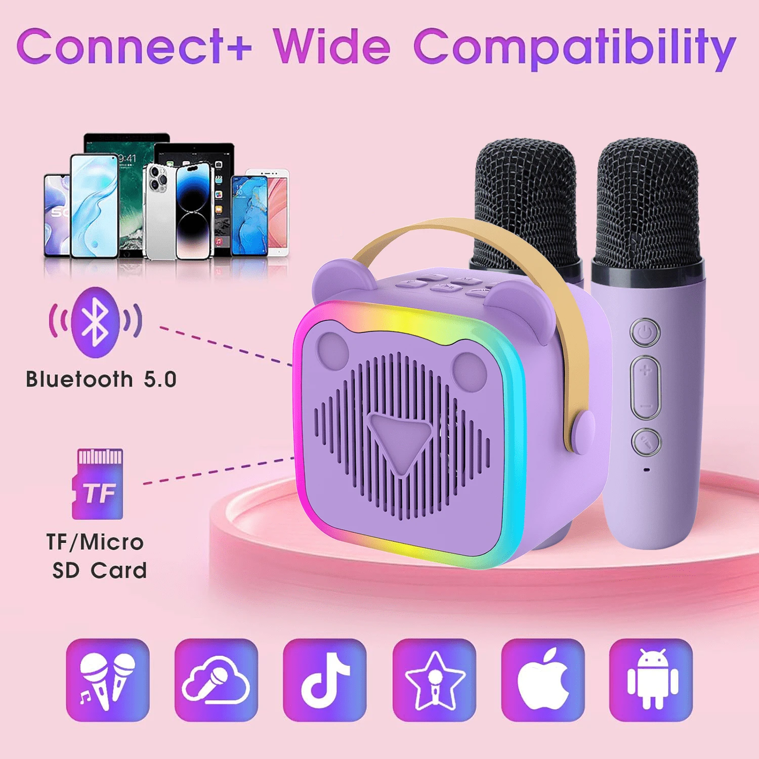 Portable Karaoke Set With 2 Wireless Microphones, Multiple Playback Modes, 5 Sound Effects, Record & Playback Function, Lightweight & Easy To Carry, Ideal For Party, Birthday, Halloween And Christmas