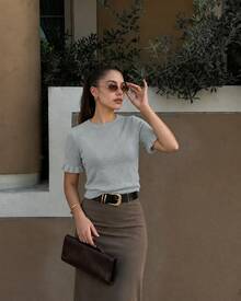 Women's Casual Yellow Round Neck Ruffle Trim Short Sleeve Loose Fit T-Shirt, Spring/Summer Style, Suitable For Dating And Daily Wear - Grey - View 5