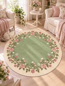 1pc Vintage Floral Round Rug, Romantic Rose Wreath Print Velvet Short Pile Area Carpet, Soft Round Floor Mat, Suitable For Bedroom Living Room Entryway, Elegant Country Style Home Decor, Cozy Aesthetic Room Arrangement - Multicolor - View 6