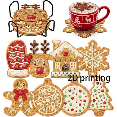 5D DIY Diamond Painting Coaster Set, Sewing Supplies, Christmas Non-Slip, Gingerbread Shape Christmas Element Design Wooden Cup Coasters, Suitable For Home Kitchen Dining Table Party, Winter Holiday, Protect Tabletop Decor, Christmas Decoration Gift
