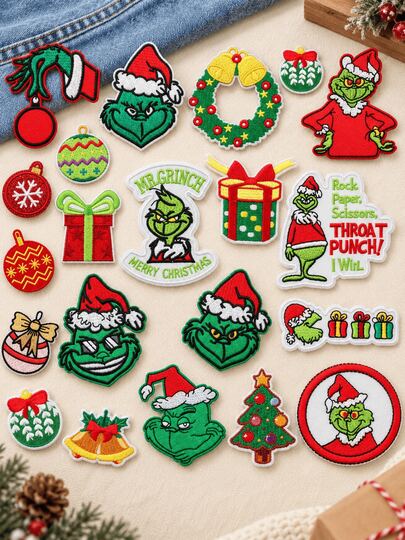 The Grinch 12pcs The Christmas Embroidered Patches, Assorted Green Monster And Holiday Character Applique Badges For DIY Crafts, Clothing Repair And Decoration, Jackets, Jeans, Hats, Backpacks, Bags, Stockings, Sweaters And Christmas Gifts For Women,Men