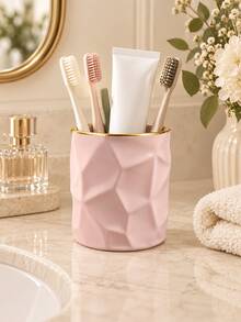 1pc Geometric Toothbrush Holder, Navy Blue Or Blush Pink With Gold Rim, Bathroom Countertop Organizer For Toothbrushes And Toothpaste, Modern Minimalist Bathroom Accessories, Decorative Vanity Storage Cup - Multicolor - View 2