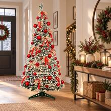 Snow Flocked Christmas Tree Artificial Holiday Decor Tree With Red Ball Decor 70cm Diameter 120-180cm - Multicolor - View 1