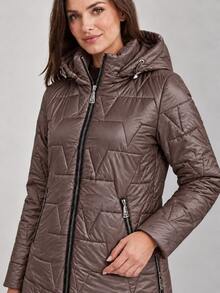 Women's Hooded Triangle Quilted Cotton Jacket With Drawstring Zip Front Stand Collar Padded Coat - Coffee Brown - View 1