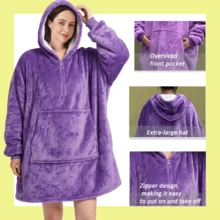 1pc Oversized Solid Color Plus Size Hoodie Sweatshirt Couple Thickened Warm Fleece Hooded Outerwear Pajamas Loungewear - Multicolor - View 4