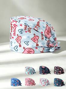 1pc Women's Heart Print Tie-Up Work Hat, Side Button Design Adjustable Headwrap Cap, Breathable Dust-Proof Beauty Salon Kitchen Protective Cap - Love Style - View 8