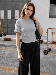 Women's Casual Yellow Round Neck Ruffle Trim Short Sleeve Loose Fit T-Shirt, Spring/Summer Style, Suitable For Dating And Daily Wear - Grey - View 7