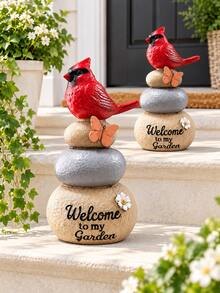 1pc Cardinal Bird Welcome Garden Statue, Charming Red Bird Perched On Stacked Stones With Butterfly Decor, Rustic Outdoor Yard, Patio, Porch, Lawn, Flower Bed And Garden Path Decoration - New - View 9