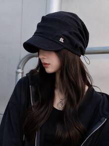 1pc Women's Corduroy Knitted Newsboy Cap, Loose Fit Adjustable Drawstring Hat, Ribbed Texture, Warm Autumn/Winter Street Style Travel Hat - A - View 3