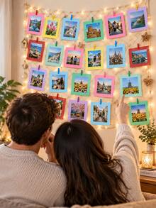 Photo Display Frame Set With Mini Clips And Jute Rope, Colorful DIY Photo Hanging Frame Set, Suitable For Christmas Tree Decoration, Family Memory Wall, Party Home Decor, Birthday Celebration, Scrapbook Photos, Creative Gift Craft Materials - Colorful Photo Frame - View 6