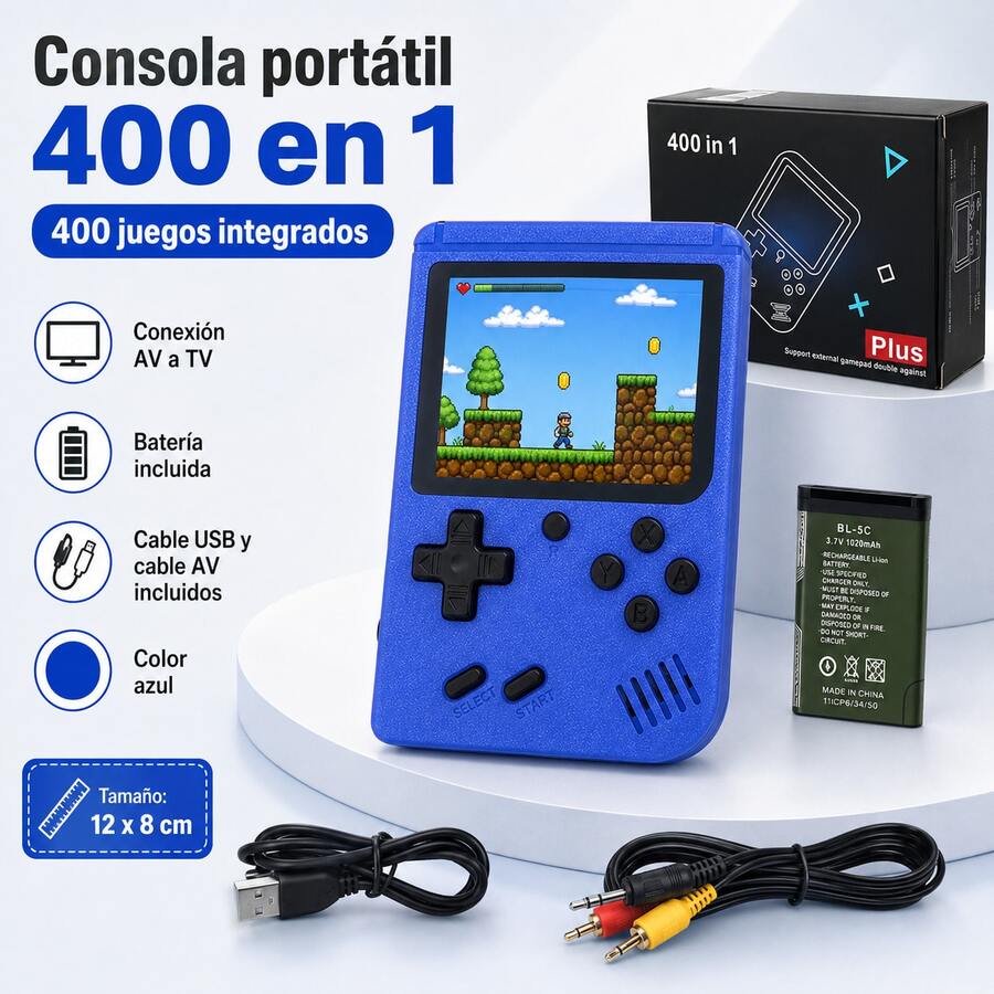 Retro 400-In-1 Portable Video Game Console, Mini Pocket Console With Color Screen And Rechargeable Battery, AV Connection For TV Play, Birthday Gift For Kids And Adults (Cables Included) - Blue - View 1