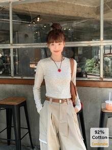 Women's Long Sleeve T-Shirt, Versatile Gray Floral Top, Slim Fit Solid Color Inner Layer, Suitable For Autumn/Winter - Gray - View 2
