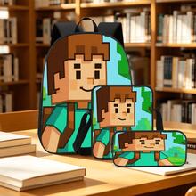 Pixel Block Style 2D Print 3-Piece Backpack Set, Large Capacity Backpack With Crossbody Bag And Pencil Case, Side Elastic Mesh Pocket For Water Bottle, Wide Breathable Adjustable Shoulder Straps, Durable Waterproof Fabric, Retro Game Style Fresh Natural Daily Commute Travel Casual Storage Bag - Printed Bag - View 8