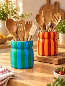 1pc Colorful Striped Utensil Holder, Large Glossy Kitchen Countertop Utensil Crock, Decorative Cooking Tool Storage Jar, Multi‑Color Choice, Perfect Housewarming Kitchen Gift - Waist-cinching Striped Storage - View 10