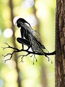 Fairy Silhouette Metal Decor, Cute Garden Fairy Ornament, Fairy Art Decoration, Fairy Sitting On Tree Trunk, Tree-Shaped Metal Sign, Tree-Shaped Garden Decor - A - View 4