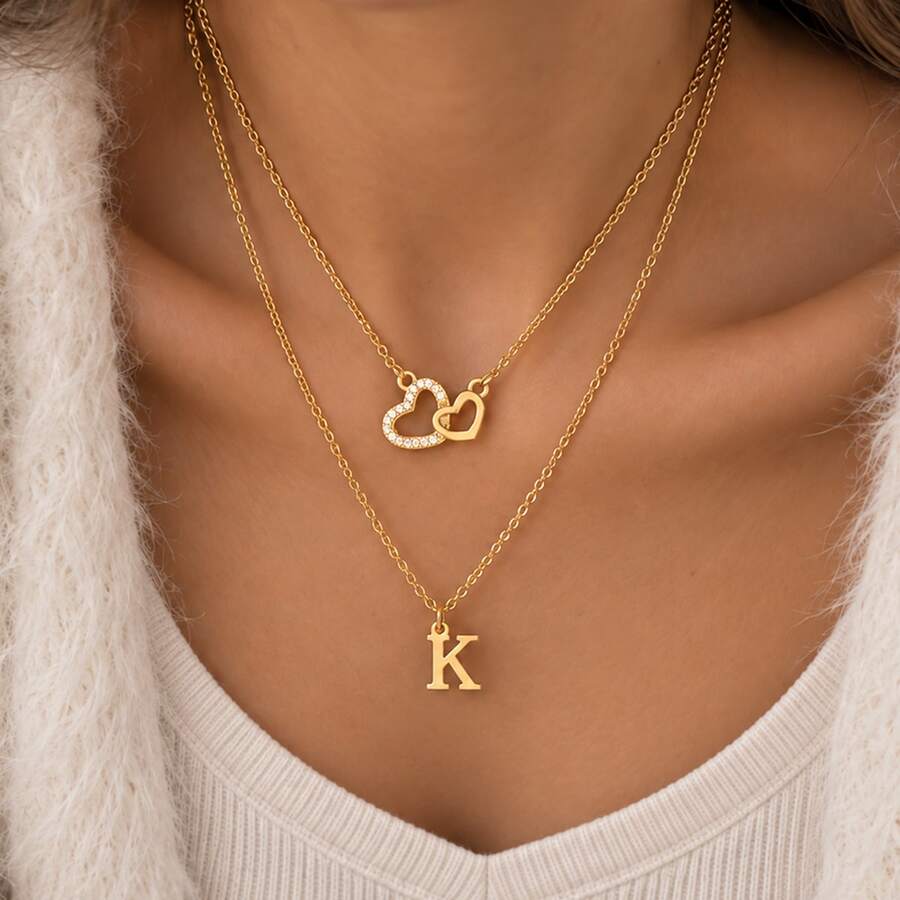 2Pcs/Set Classic Simple Double Heart Initial Pendant Golden Stainless Steel Chain Layered Necklaces For Women - Yellow Gold - View 1
