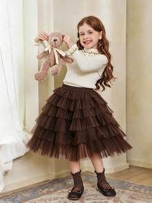 Young Girl Versatile Solid Color Tulle Puff Skirt - Coffee Brown - View 2
