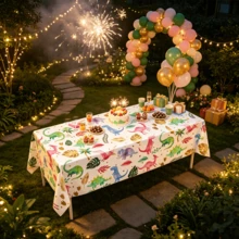 1PC-137*274cm Watercolor Dinosaur Disposable PE Plastic Tablecloth Rectangular Table Cloth Dinosaur Theme Birthday Party Jungle First Birthday Decoration Table Cover - White Background Dinosaur - View 6