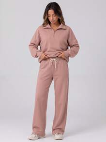Never me Set Kasual 2 Potong Wanita Sweatshirt Kerah Setengah Ritsleting & Celana Kaki Lurus Longgar - Rusty Rose - View 1