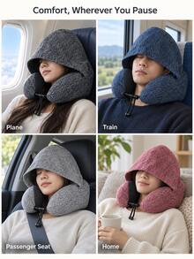 1pc Portable Neck Pillow With Hood, Memory Foam U-Shaped Travel Pillow, Slow Rebound Neck Support, Soft Fabric Airplane Neck Cushion, Suitable For Home, Office, Car, Train And Flight - Multicolor - View 5