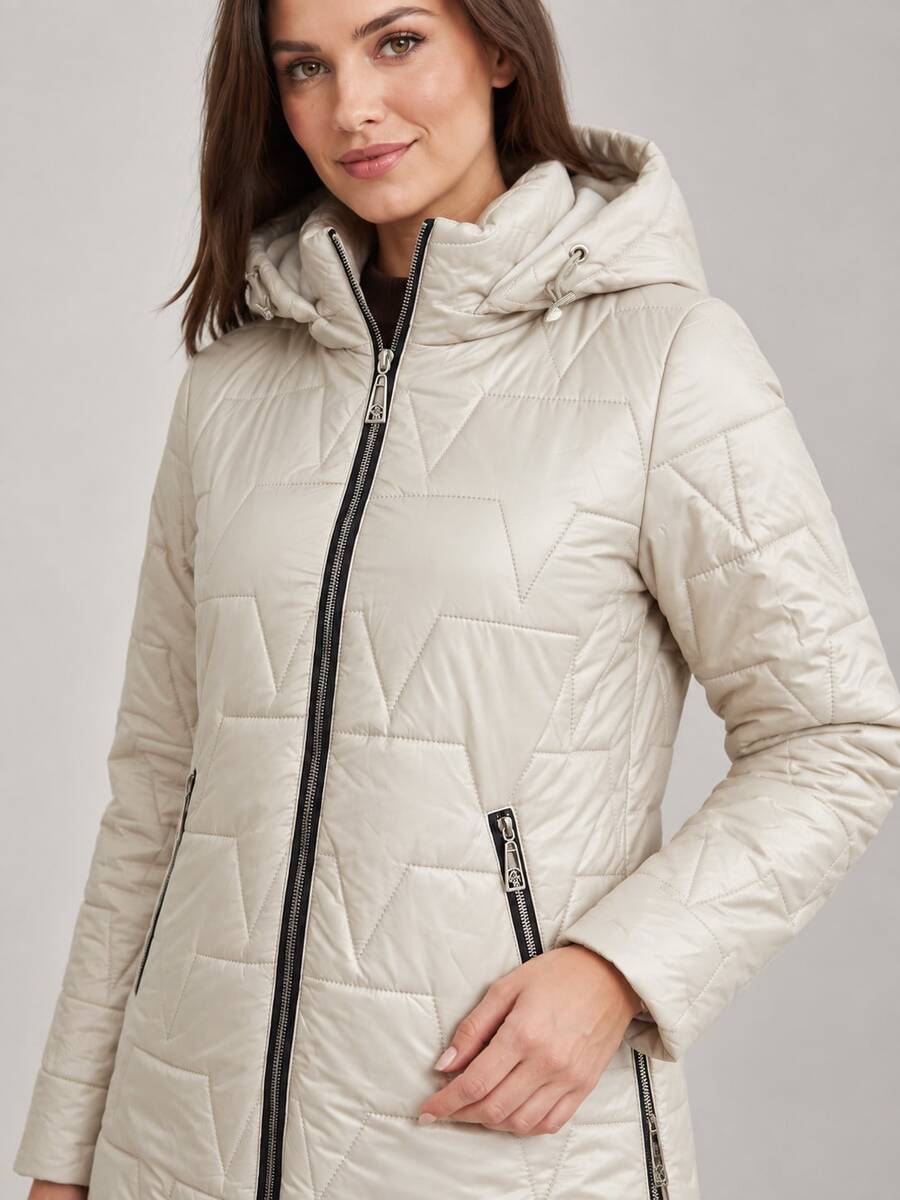 Women's Hooded Triangle Quilted Cotton Jacket With Drawstring Zip Front Stand Collar Padded Coat - Light Grey - View 1