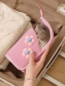 Aesthetic Cute Flower Makeup Brush Holder Bag, Transparent Window Vertical Cosmetic Storage Pouch, Portable Handheld Travel Beauty Tool Organizer For Women - Multicolor - View 10