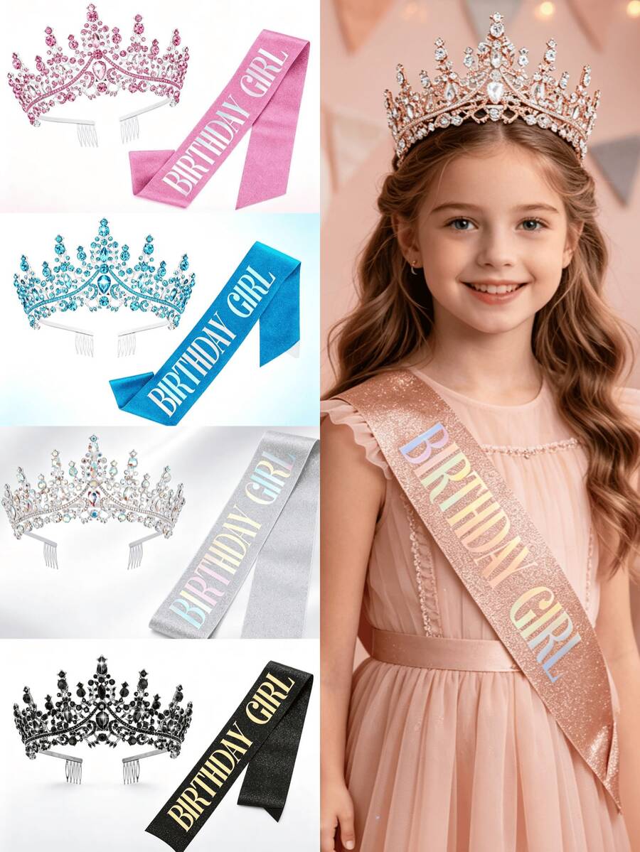 Princess Birthday Girl Crown Tiara Sash Rhinestone Crystal Crown Glitter Sash For Girls Birthday Party Headband Hair Accessories