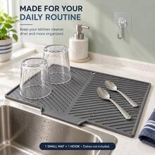 1 Set Small Silicone Draining Mat With Adhesive Hook, 37 X 26 Cm, Flexible Kitchen Countertop Draining Tray With Drain Hole, Compact Kitchen Hanging Storage, Black Or Gray, 1 Mat + 1 Hook Set - Multicolor - View 2