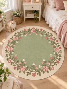 1pc Vintage Floral Round Rug, Romantic Rose Wreath Print Velvet Short Pile Area Carpet, Soft Round Floor Mat, Suitable For Bedroom Living Room Entryway, Elegant Country Style Home Decor, Cozy Aesthetic Room Arrangement - Multicolor - View 5