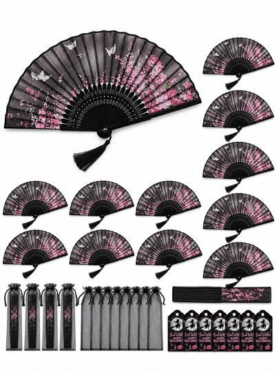 Halloween Black Folding Hand Fan Set With Organza Gift Bags And Witch-Themed Thank You Tags, Halloween Guest Party Favors, Witch-Themed Party Gifts, Trick Or Treat Party Return Gifts, Masquerade Party Supplies, Gothic Halloween Decor, Wedding Guest Favors