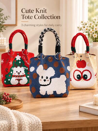 Túi tote len dệt dung tích lớn với thiết kế hoạt hình dễ thương mềm mại, túi đựng đồ đa năng dễ mang theo, phù hợp cho Giáng sinh, đi làm hàng ngày, mua sắm và du lịch
