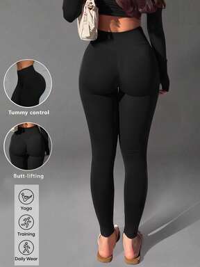 1 Stück Damen nahtlose High-Waist Leggings mit Bauchkontrolle, Ganzjahres-Yogahose, geeignet für Fitnessstudio, Laufen, Tennis-Training und Outdoor-Sport, schwarzer Herbststil