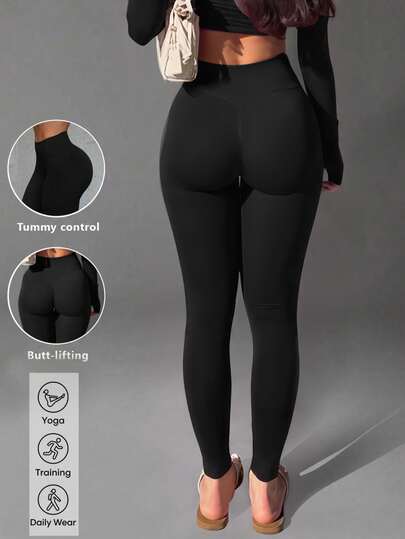 1pc Women's Seamless High Waist Tummy Control Leggings, All Season Yoga Pants, Suitable For Gym, Running, Tennis Training And Outdoor Sports, Black Autumn Style