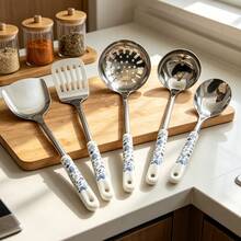 1/6pcs Blue Floral Print Ceramic Handle Stainless Steel Kitchen Utensil Set - Includes Spatula, Soup Ladle, Strainer, Rice Scoop, Noodle Spoon And Turner - Easy To Clean, Easy To Store, Kitchen Tools And Gadgets Set - Multicolor - View 6