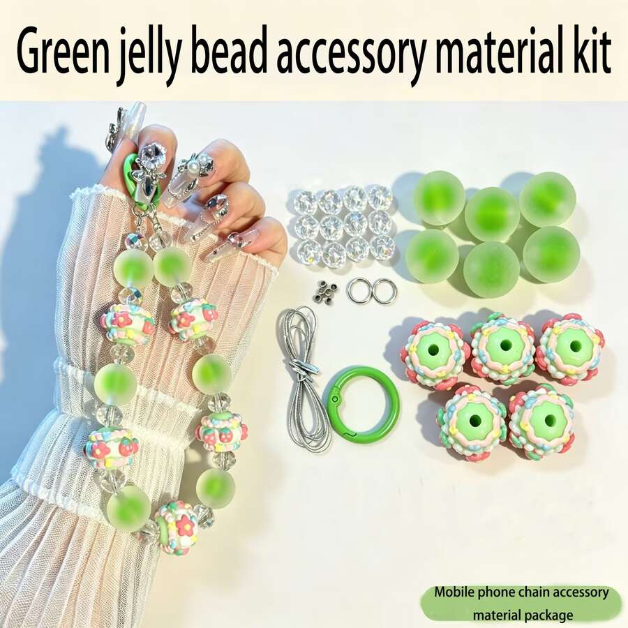 Pink/Blue/White/Green/Purple Round Bead Handmade Phone Chain Material Kit, Featuring Rubber-Feel Jelly Beads, Glass Beads, Cute Hand-Painted Beads, Metal Rings, CCB Spacer Beads And One String - Multi-color (1 DIY Material Kit) - View 1