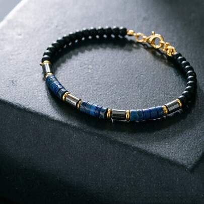 Men's Natural Black Tourmaline & Lapis Lazuli Beaded Bracelet, Stackable Adjustable Wristband, Minimalist Daily Accessory, Gift Jewelry Suitable For Men And Boys